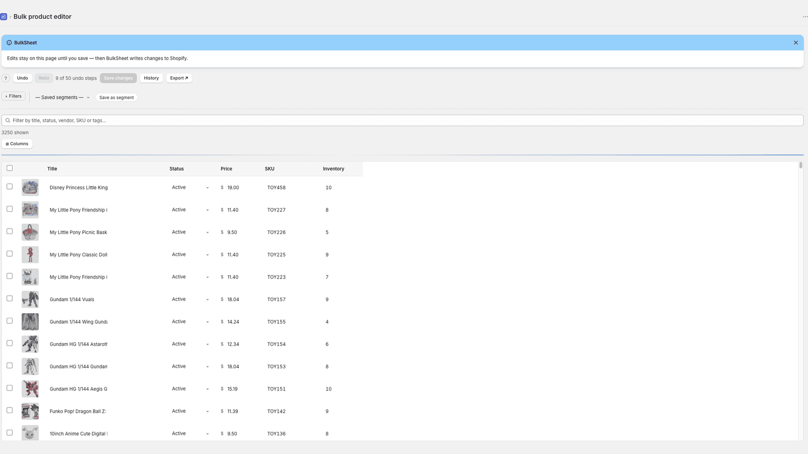 Spreadsheet-style bulk product editor in Shopify admin