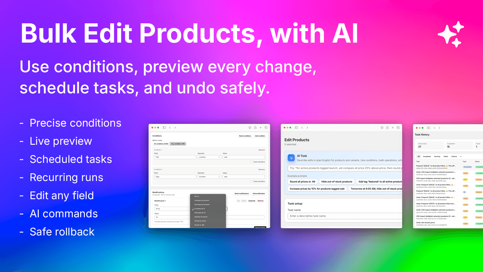 AI bulk product editing with conditions, previews, and tasks