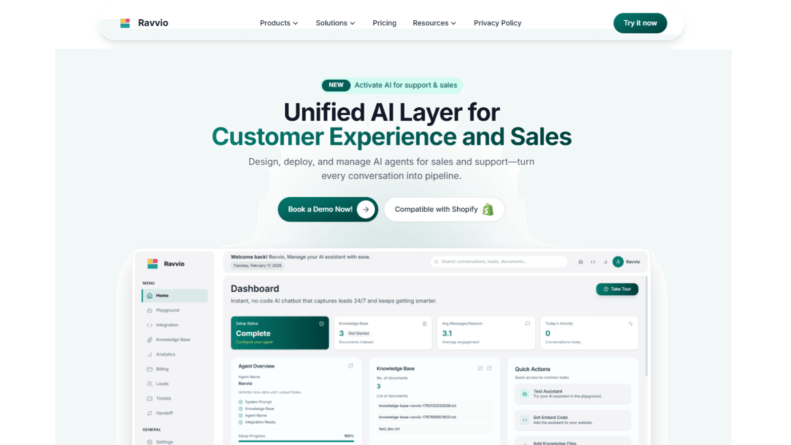 Ravvio’s homepage showcases an AI-powered assistant for websites