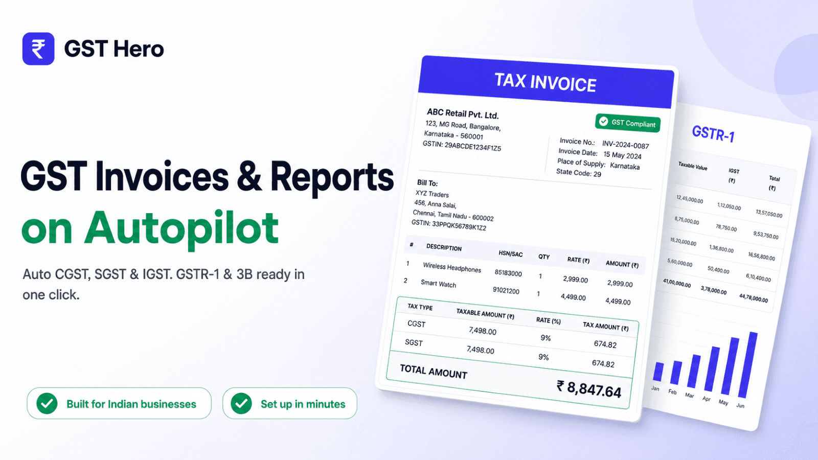 GST invoices auto-generated with GSTIN capture at checkout for I