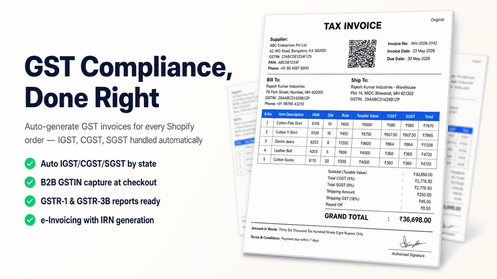 GST invoices auto-generated with GSTIN capture at checkout for I