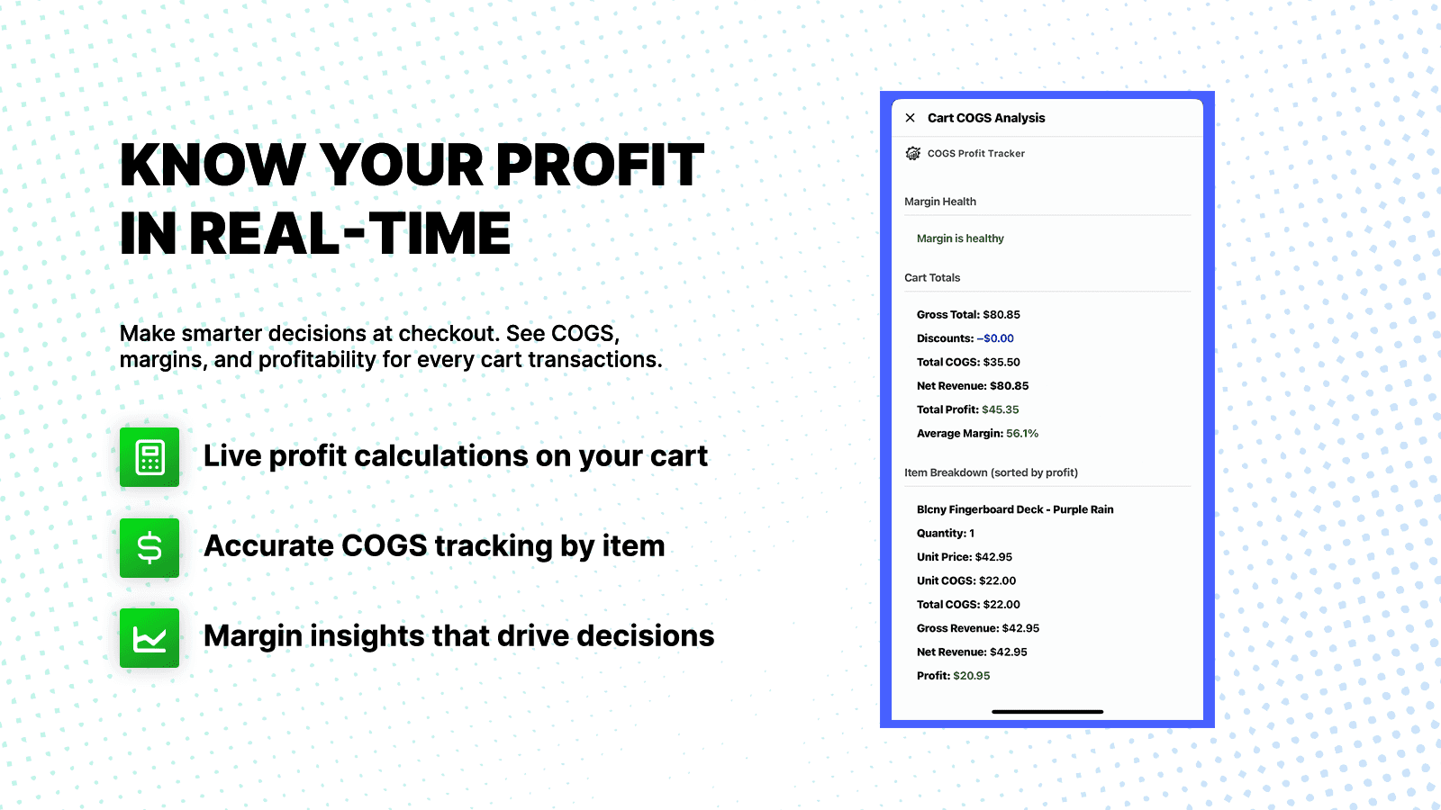 Profit analysis modal showing cart totals with COGS