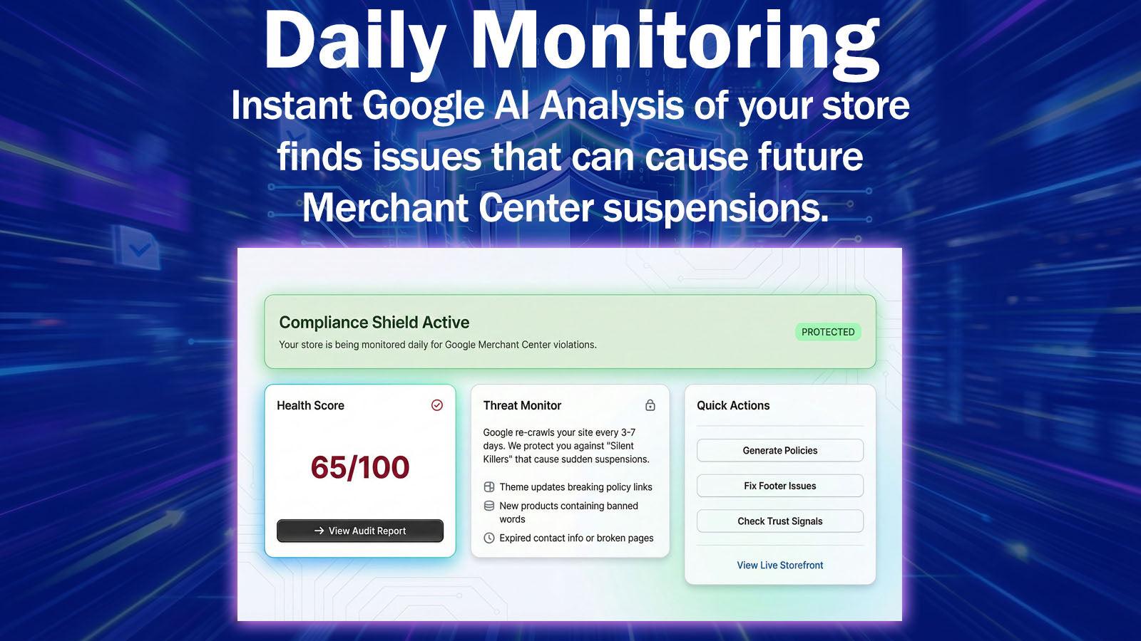 Finds issues that can cause future Merchant Center suspensions.