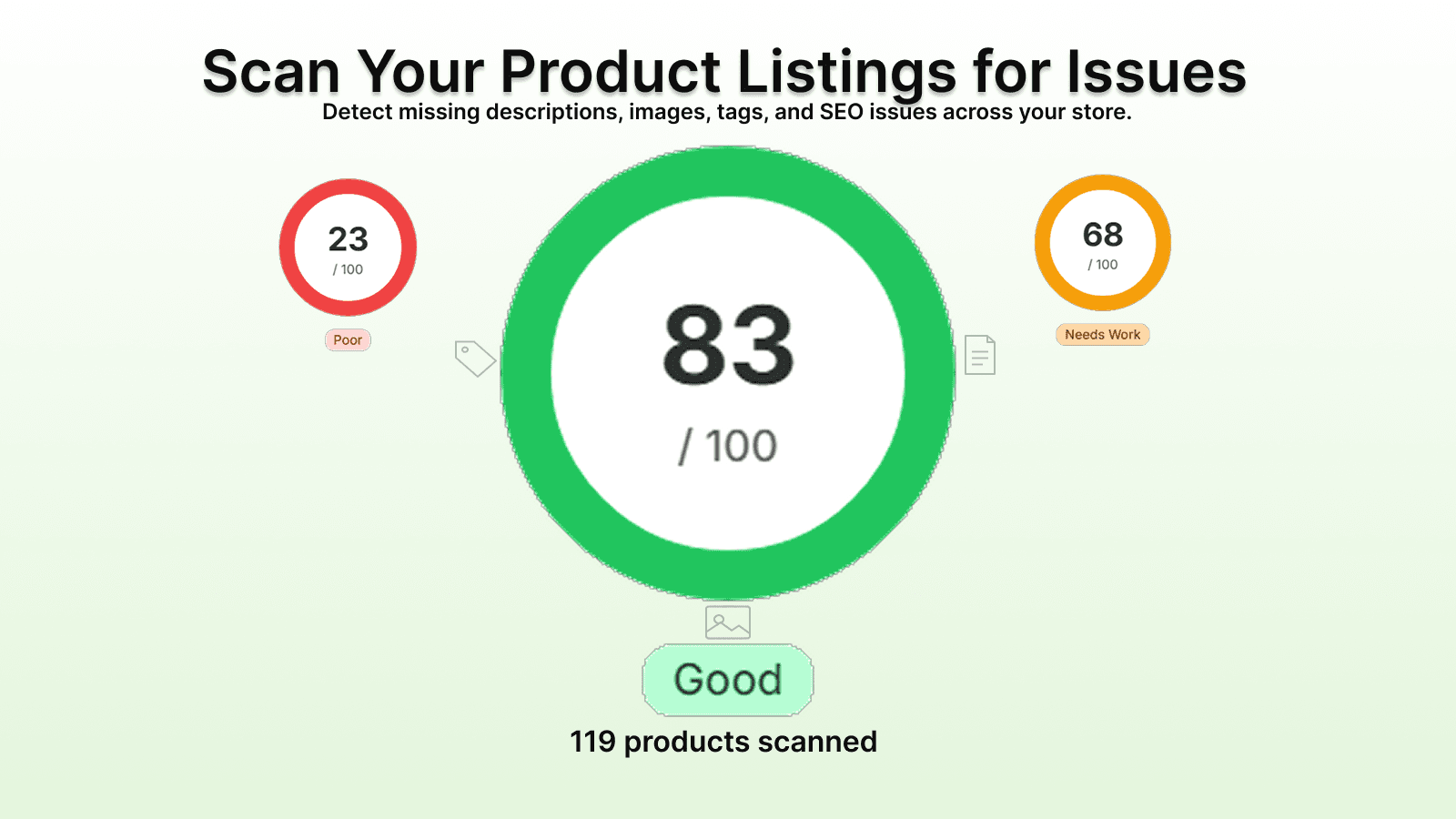 Product listing audit dashboard showing catalog health score