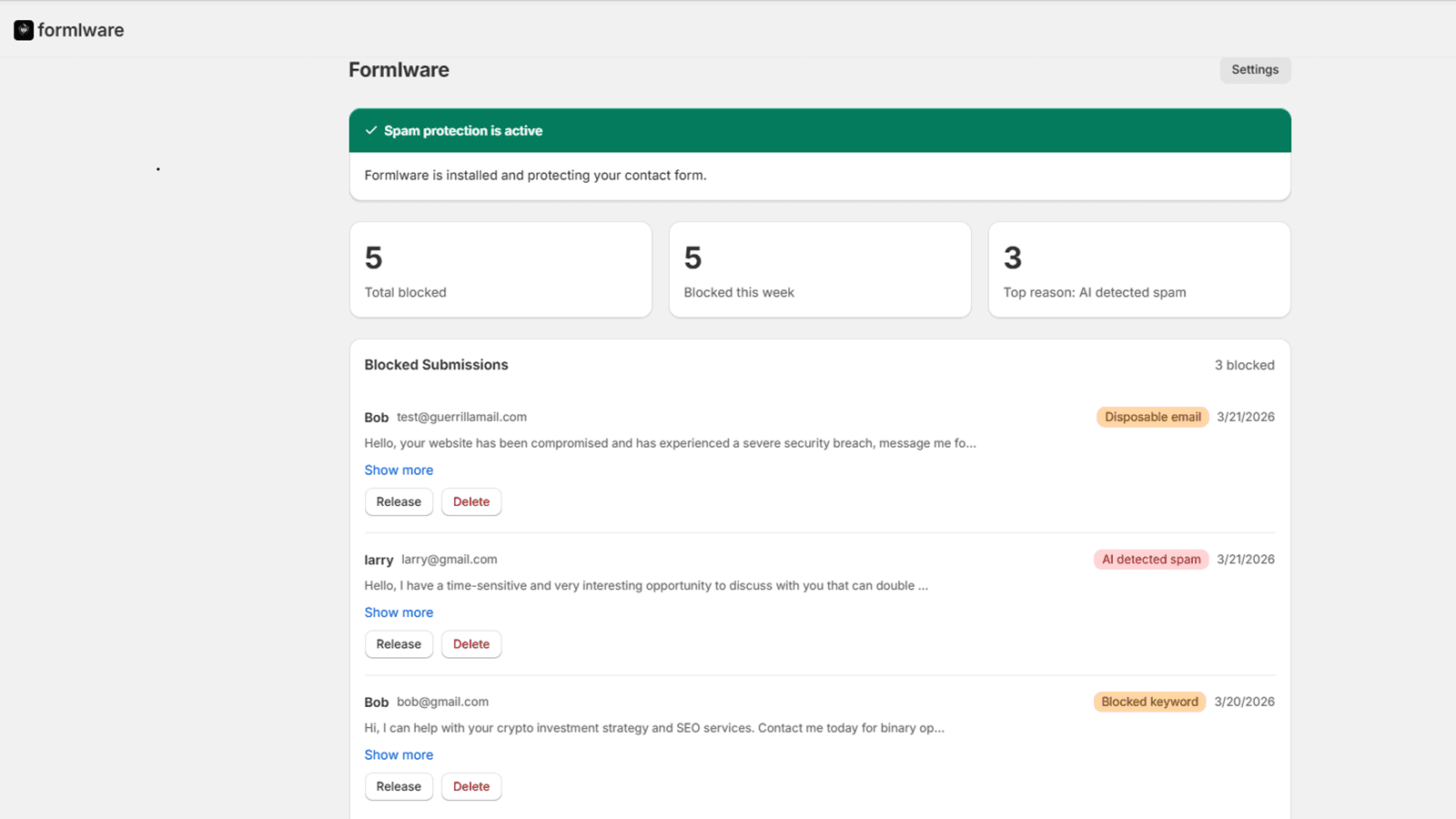 Formlware dashboard showing blocked spam submissions