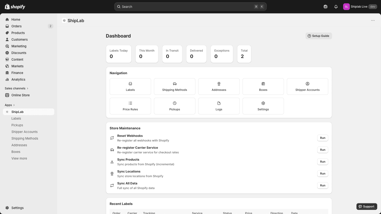 Dashboard with shipping stats, navigation, and quick actions