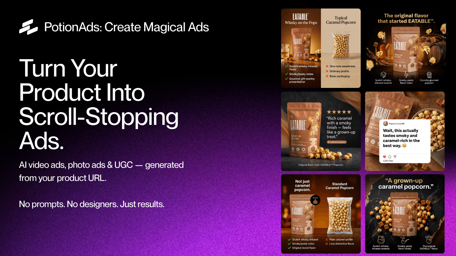 Examples of AI ad creatives generated by Potion Ads