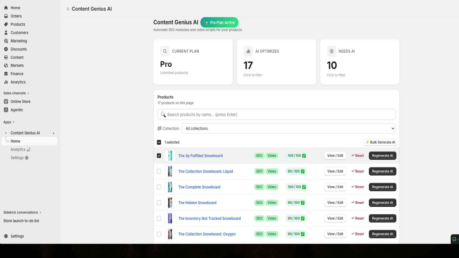 View AI SEO scores & filter products by collection instantly.