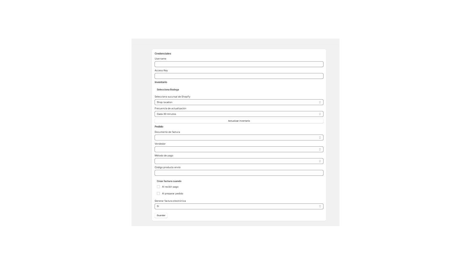 opciones de configuración de integracion