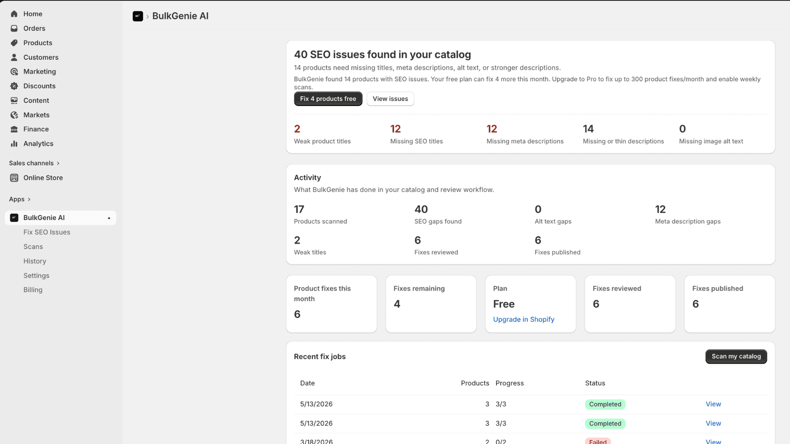 Dashboard showing product SEO issues found