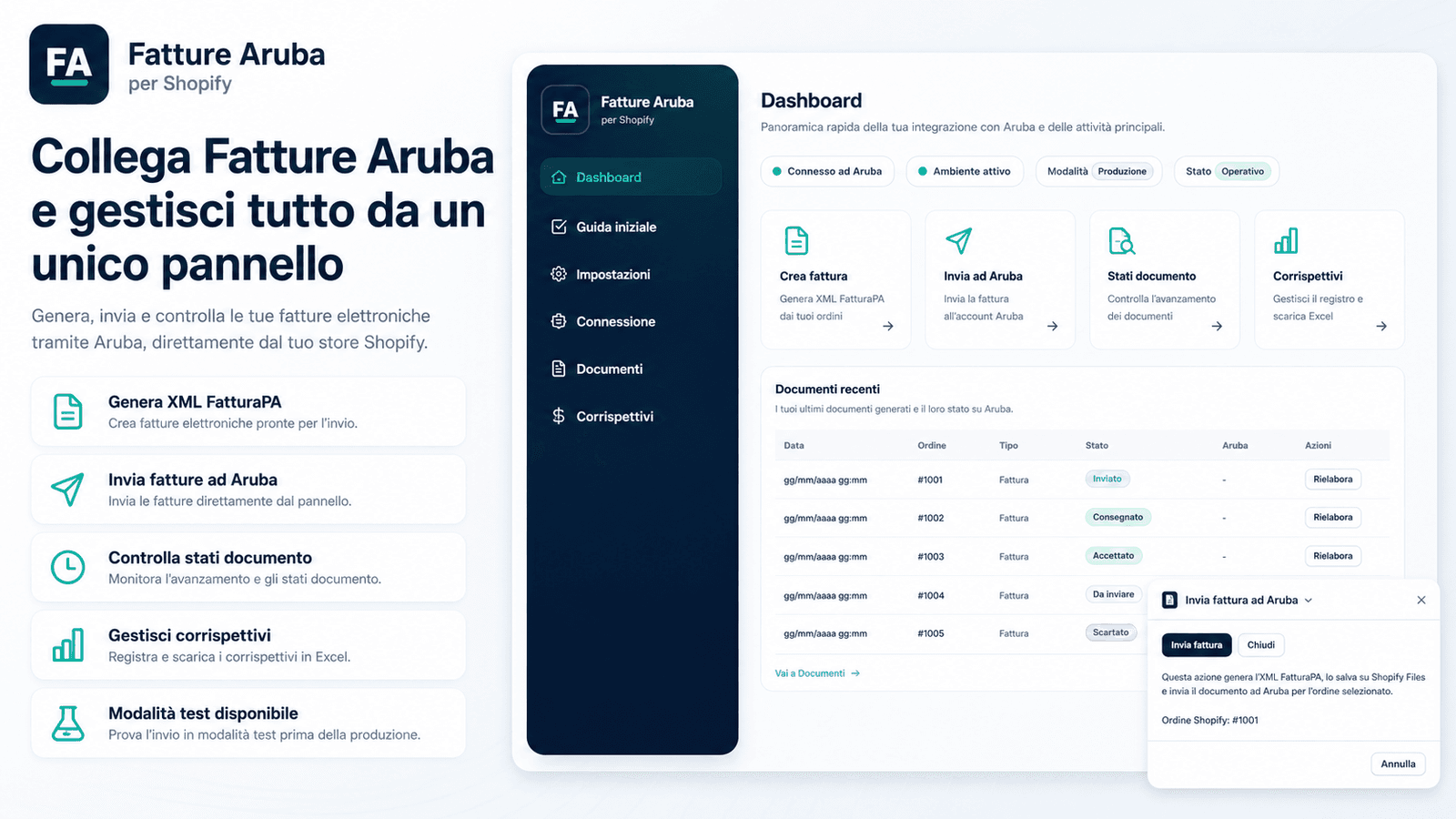Dashboard con XML, invio Aruba e corrispettivi