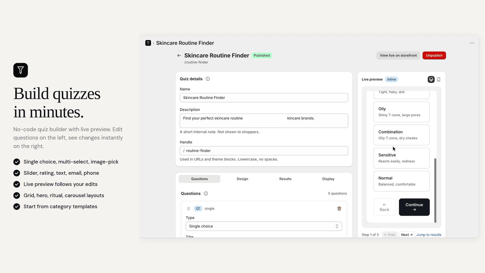 No-code quiz builder with live storefront preview