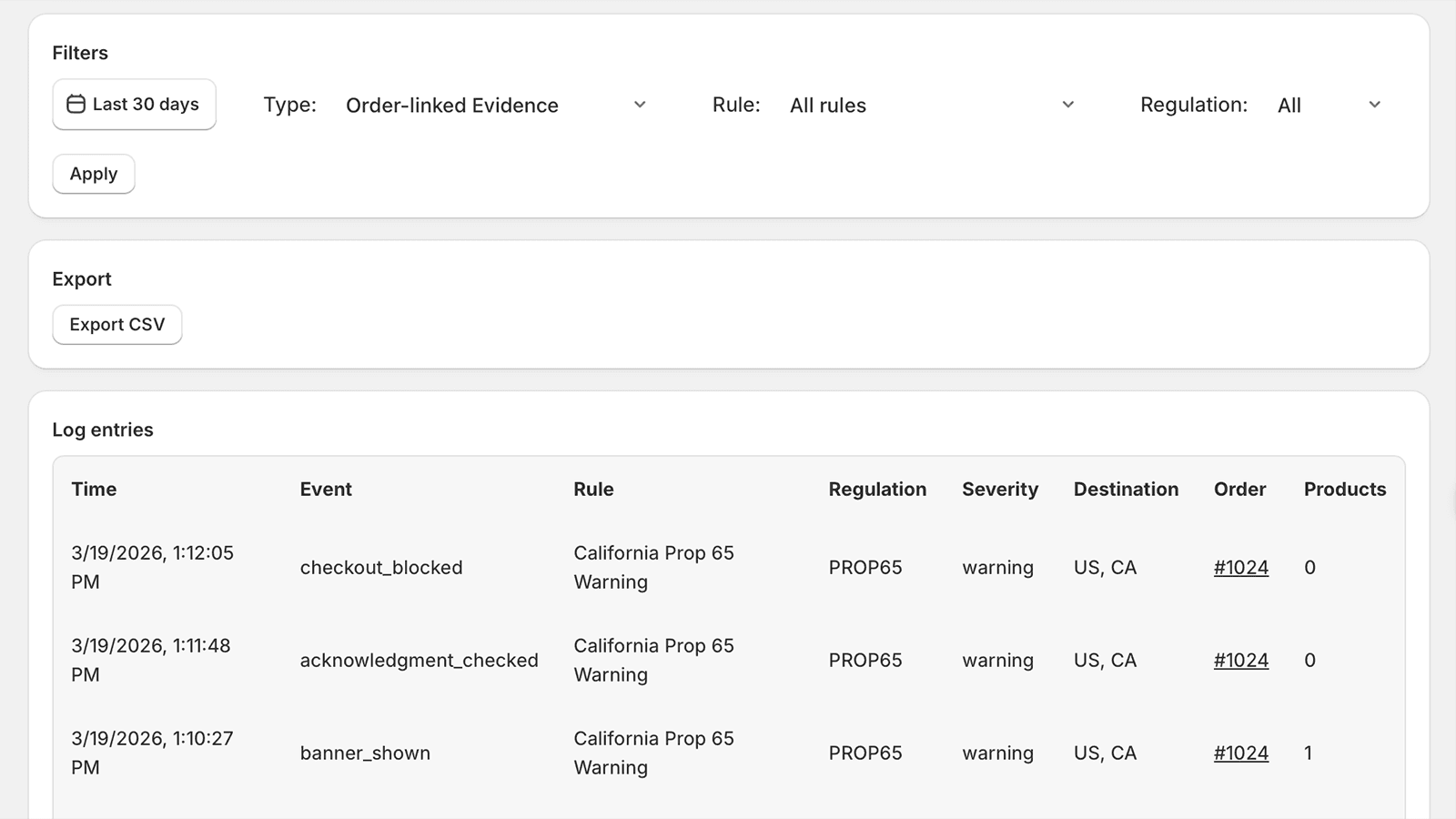 Checkout logs with compliance events and filters