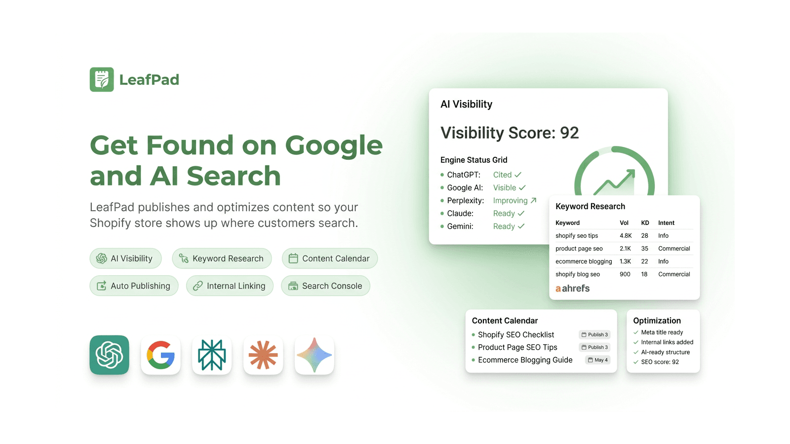 LeafPad AI visibility banner for Shopify SEO and AI search tools