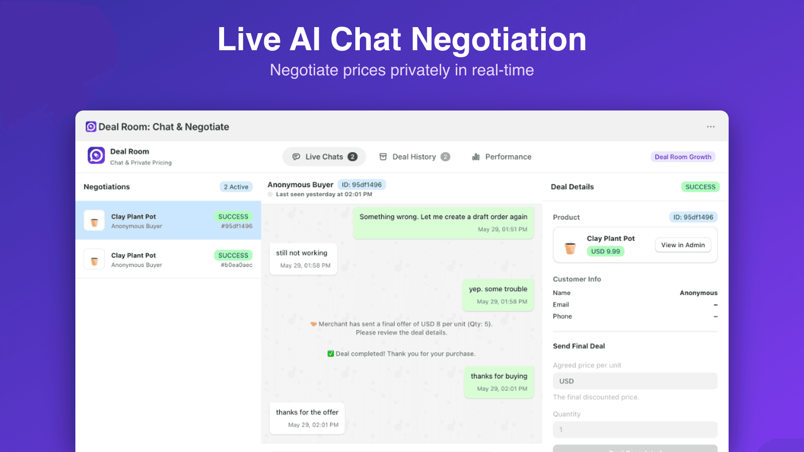 Live AI chat negotiation room for B2B and B2C deals.