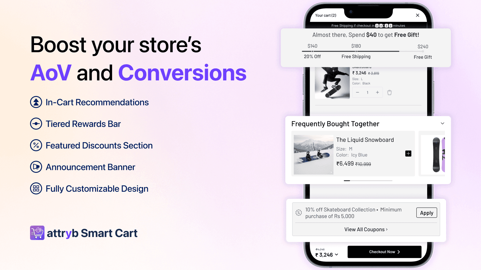 Smart cart drawer on mobile and desktop with upsells.