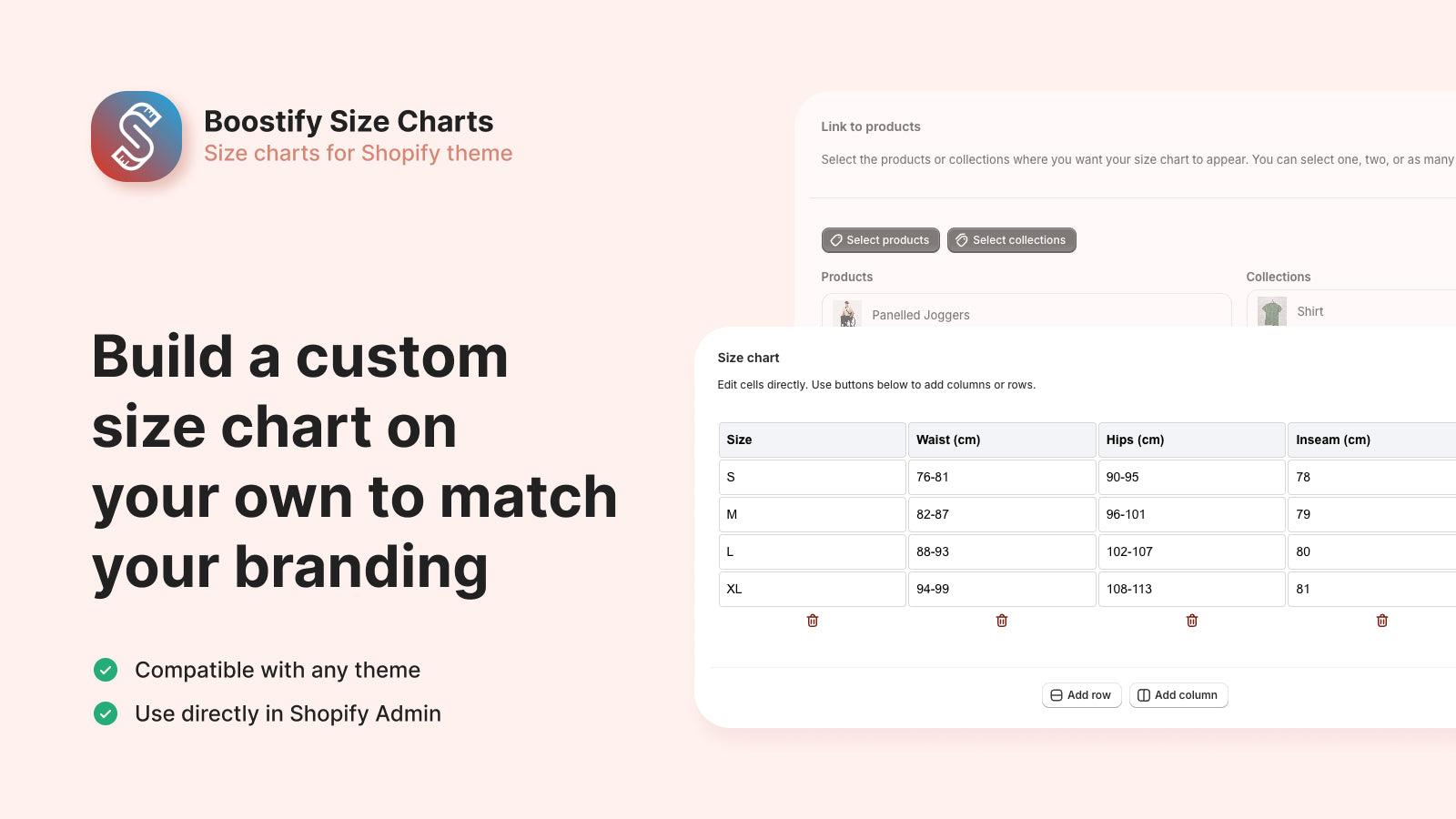 build size chart to match your branding