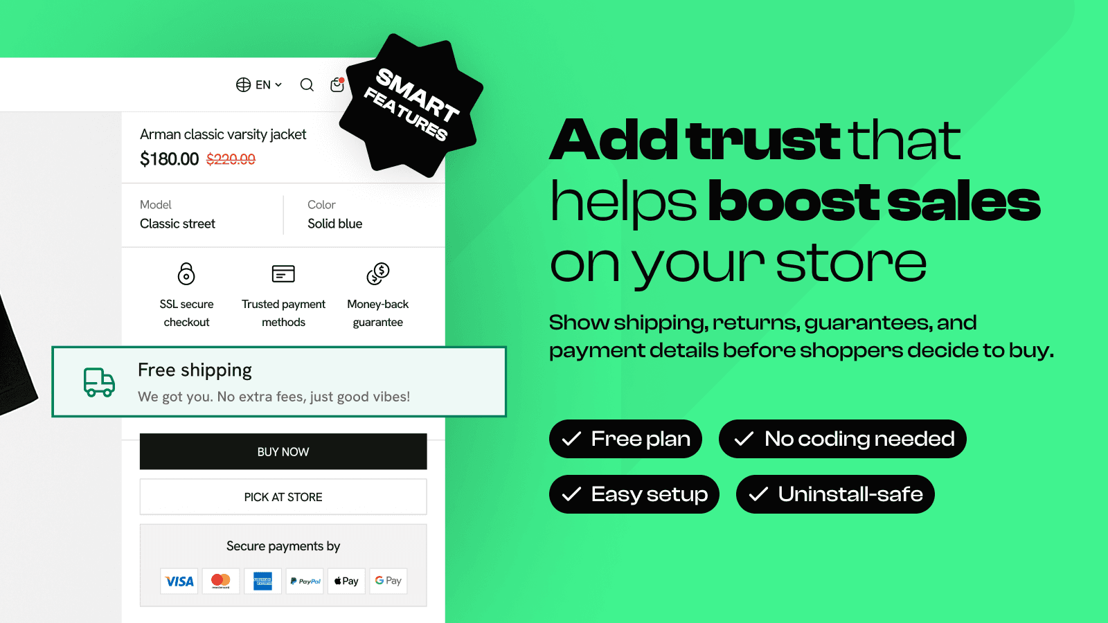 Snapp trust badges on a Shopify product page