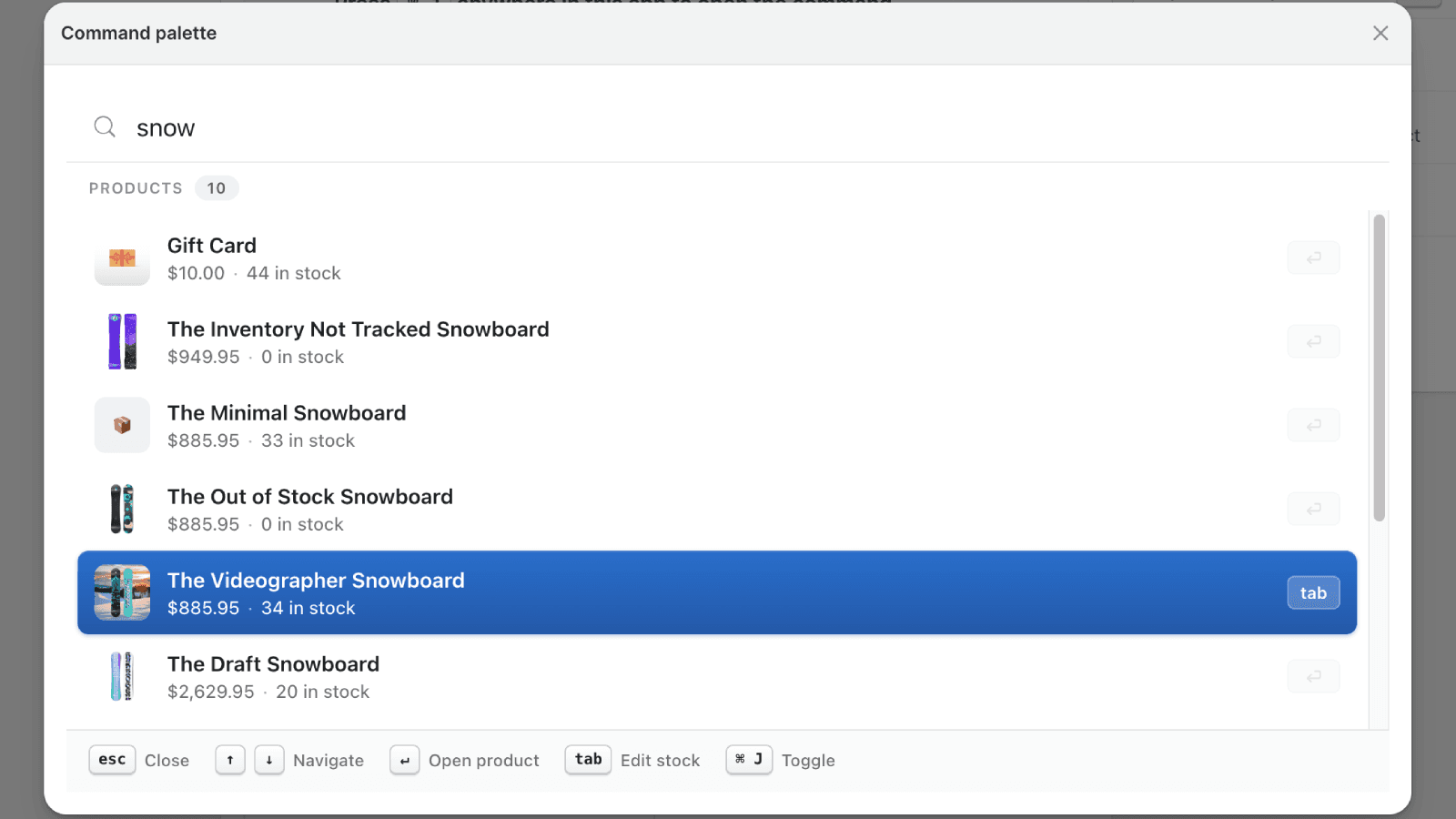 StockPalette product search interface using the command palette.