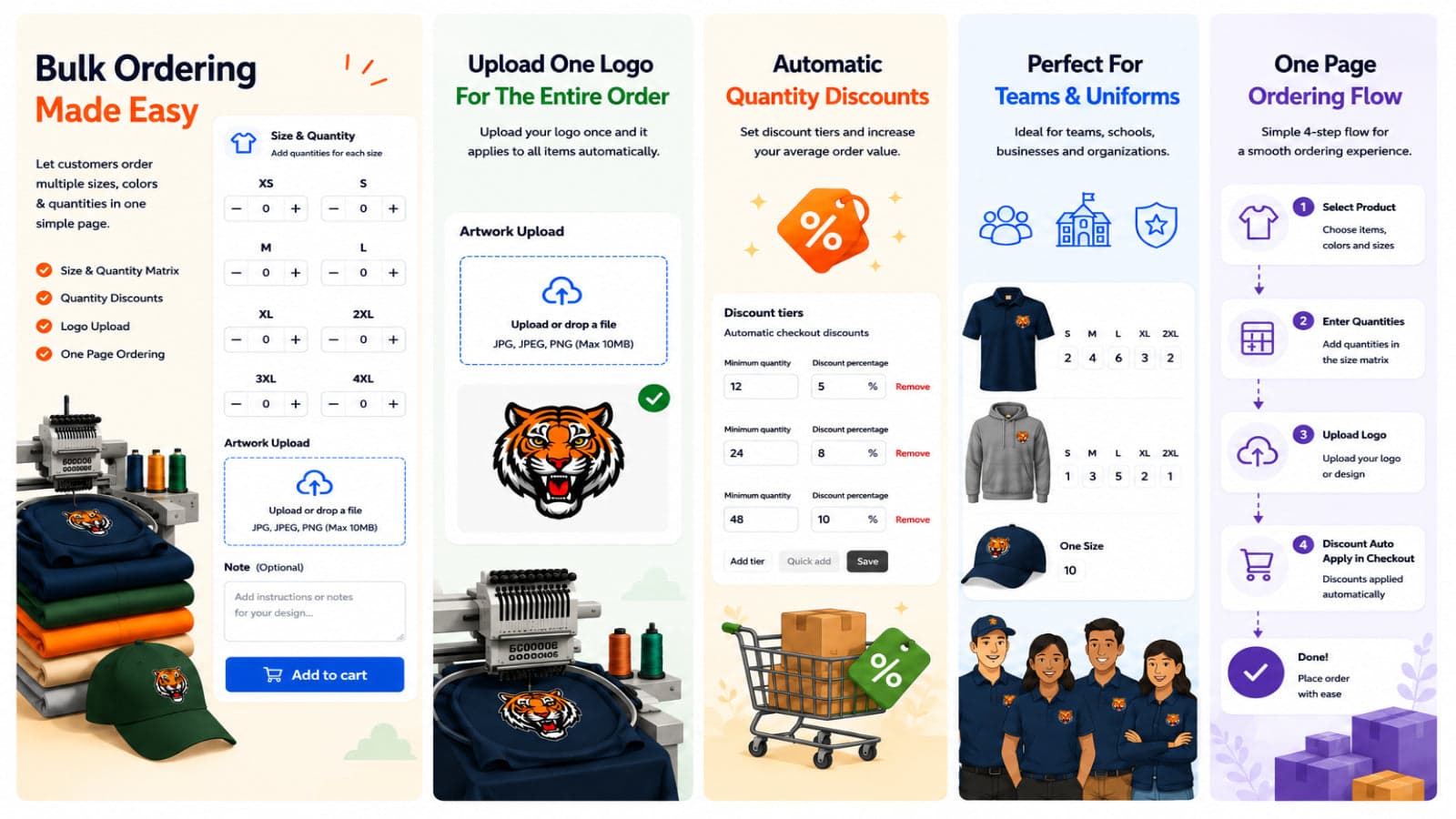 Bulk embroidery ordering with logo upload and discounts