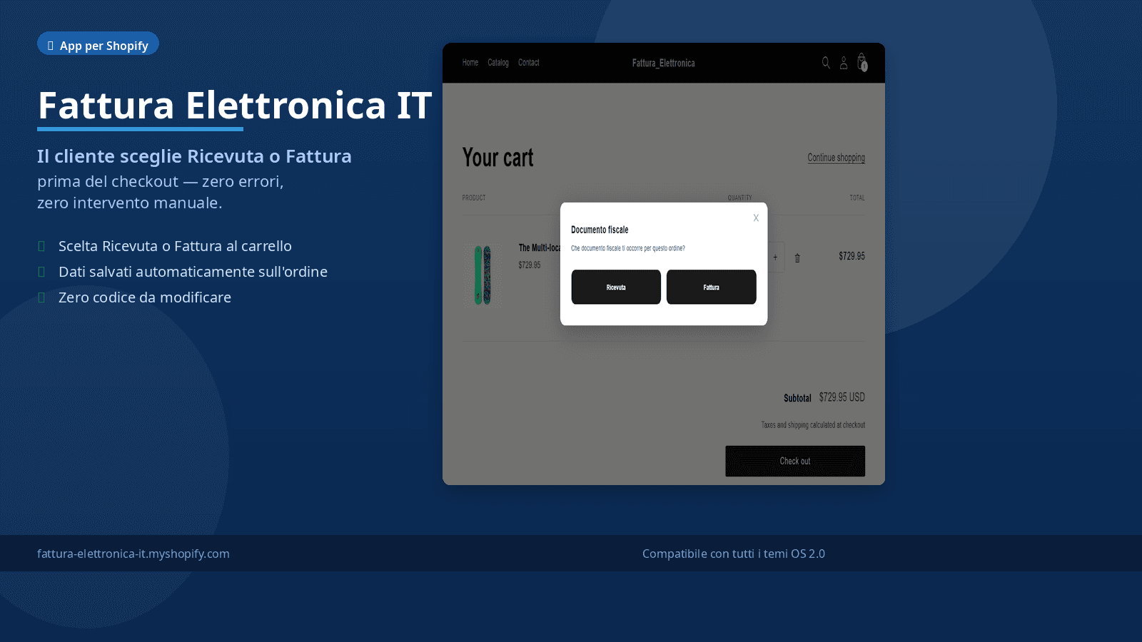 Pop-up di Fattura Elettronica IT nel carrello Shopify con scelta