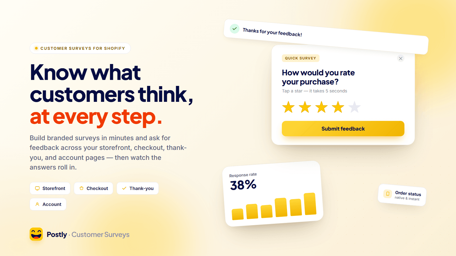 Customer surveys for storefront, checkout, thank-you & account