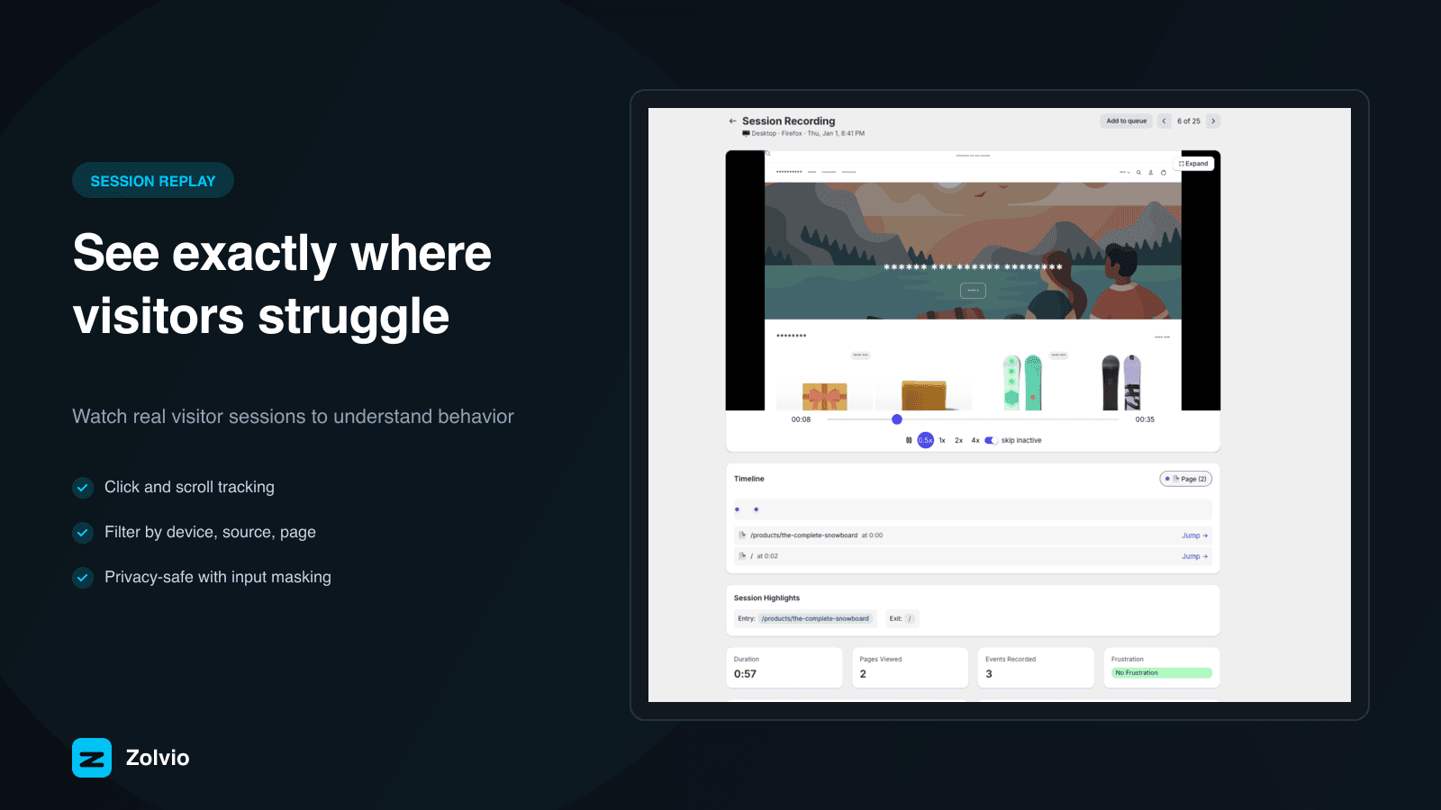 Session player with video, timeline, and session highlights