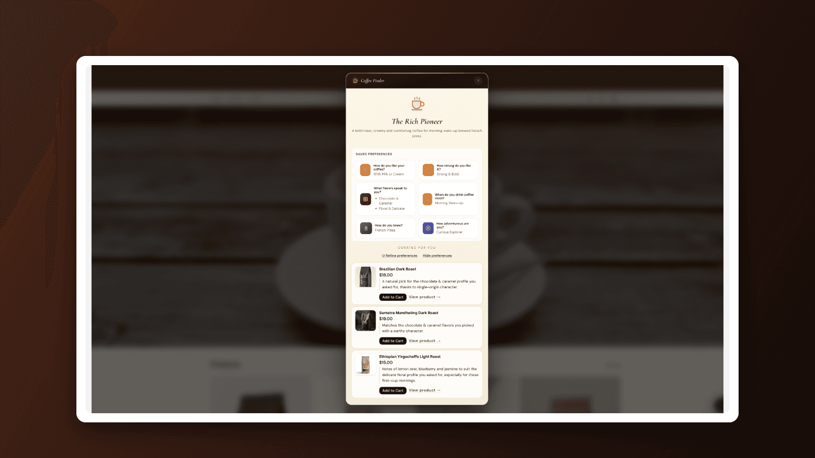 Recommended coffees, each with the reason it matches.