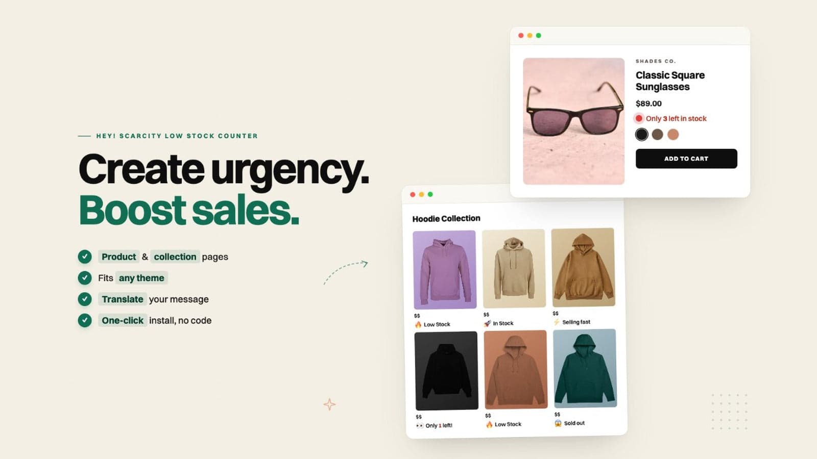 Low stock message on product and collection page. Left in stock