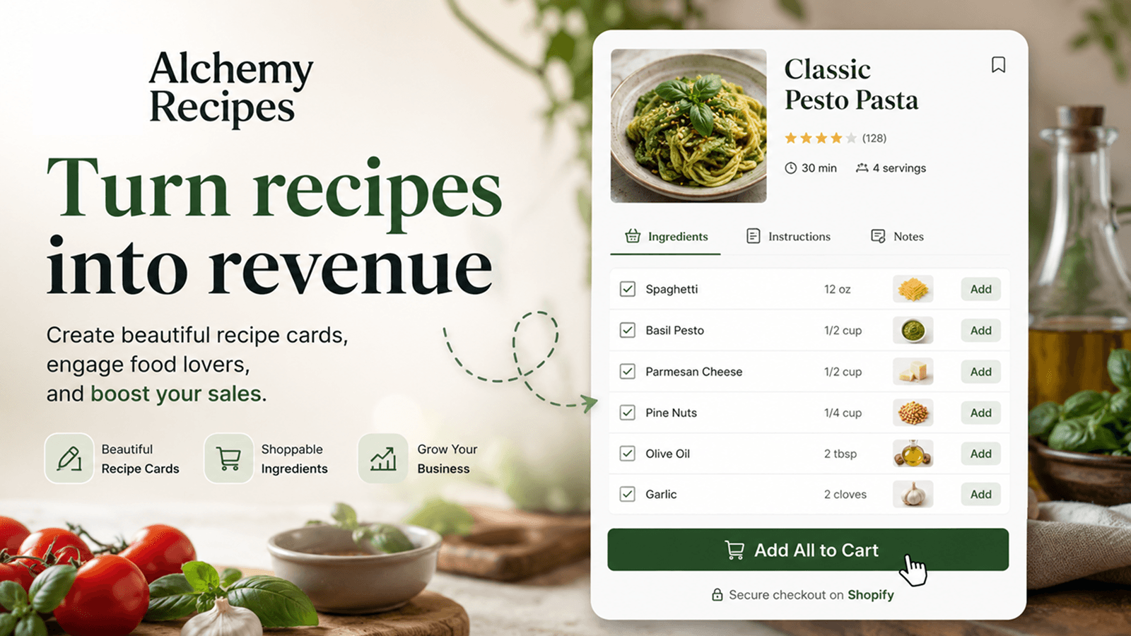 Recipe cards with shoppable ingredients for Shopify