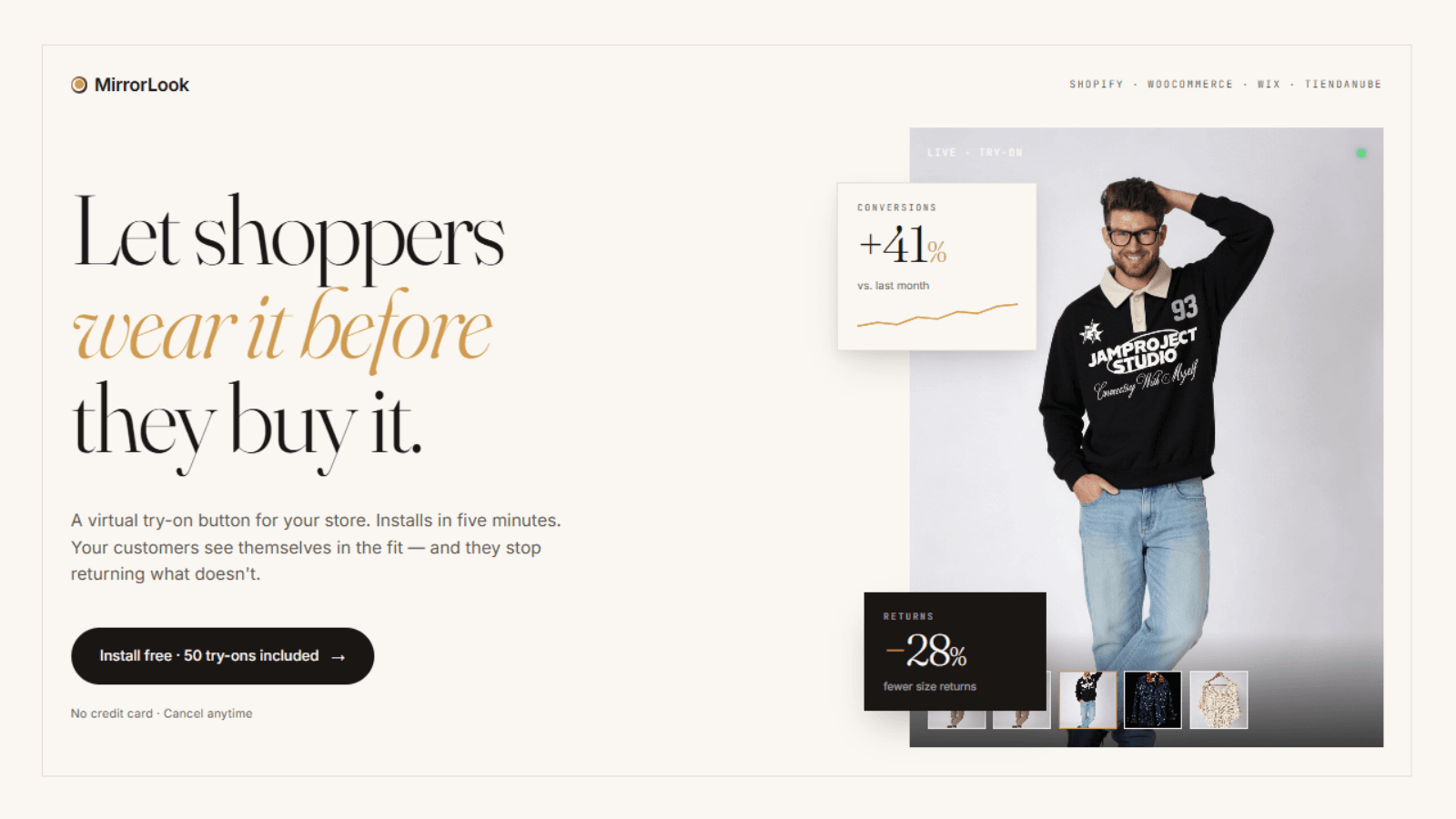 MirrorLook website hero section for virtual try-on app.