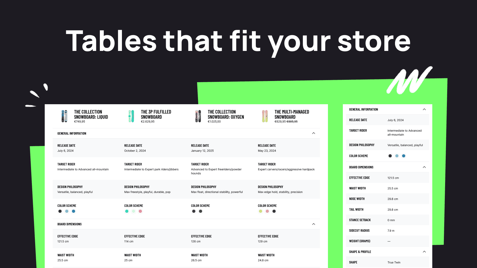 Spec and comparison tables with product and variant metafields