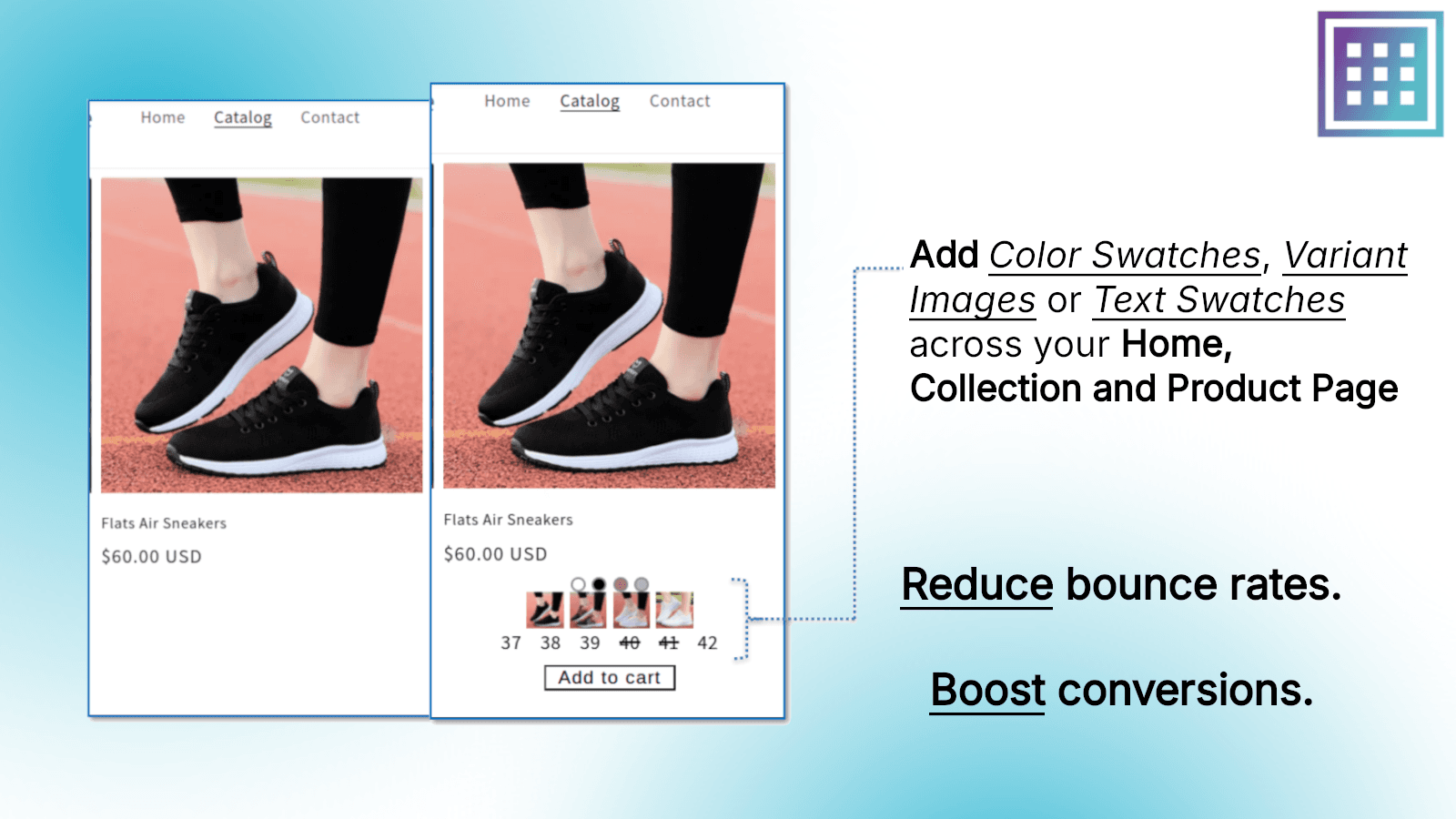 Catalog page with colored & Text swatch and Add to cart button.
