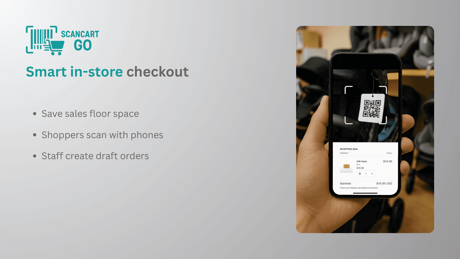 ScanCart Go logo, benefits list, and phone scanning QR code