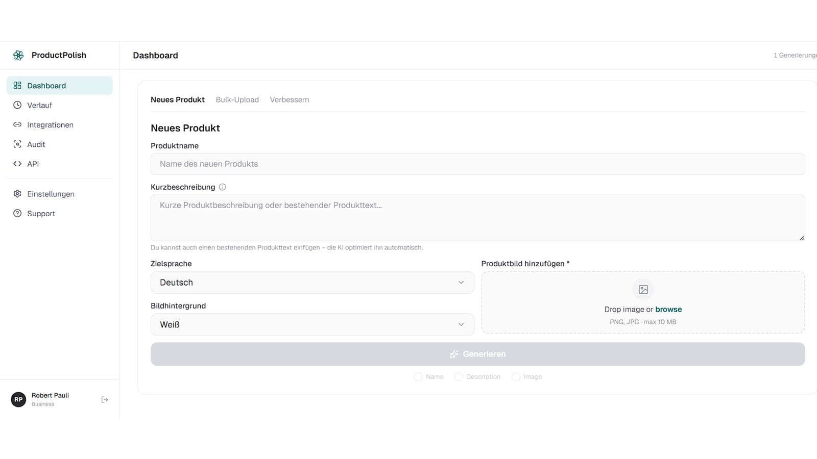 Dashboard of ProductPolish