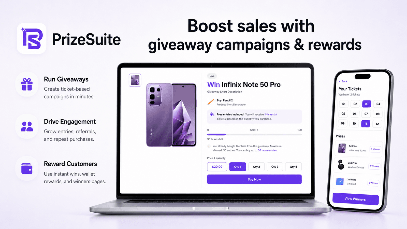 PrizeSuite giveaway app with ticket selection and rewards