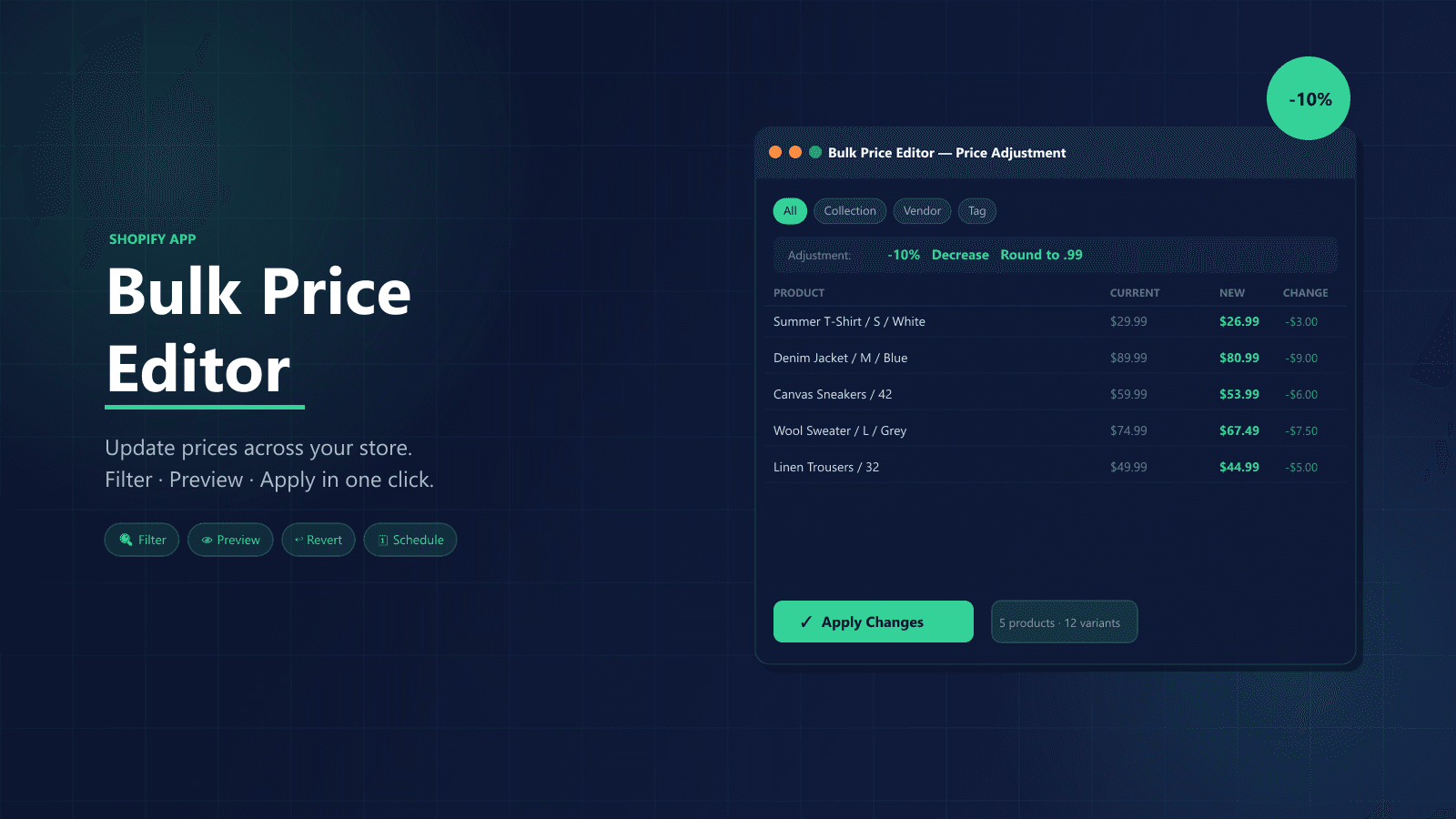 Bulk Price Editor — filter, preview, and apply price changes