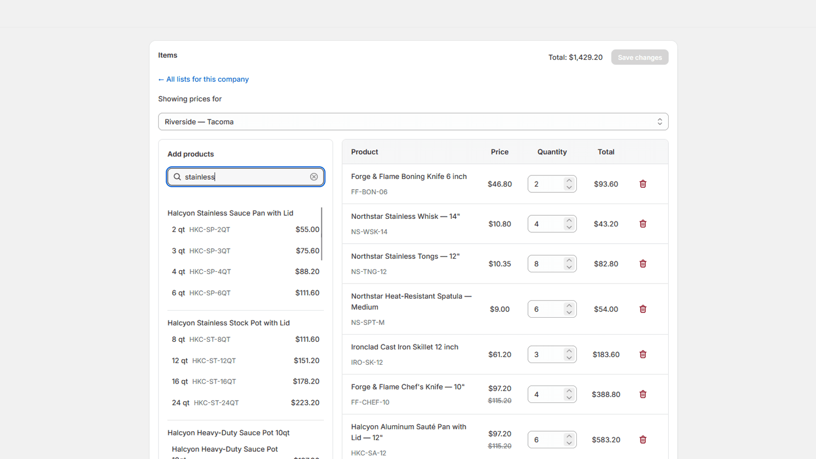 Sales rep managing a B2B company's list in the Shopify admin