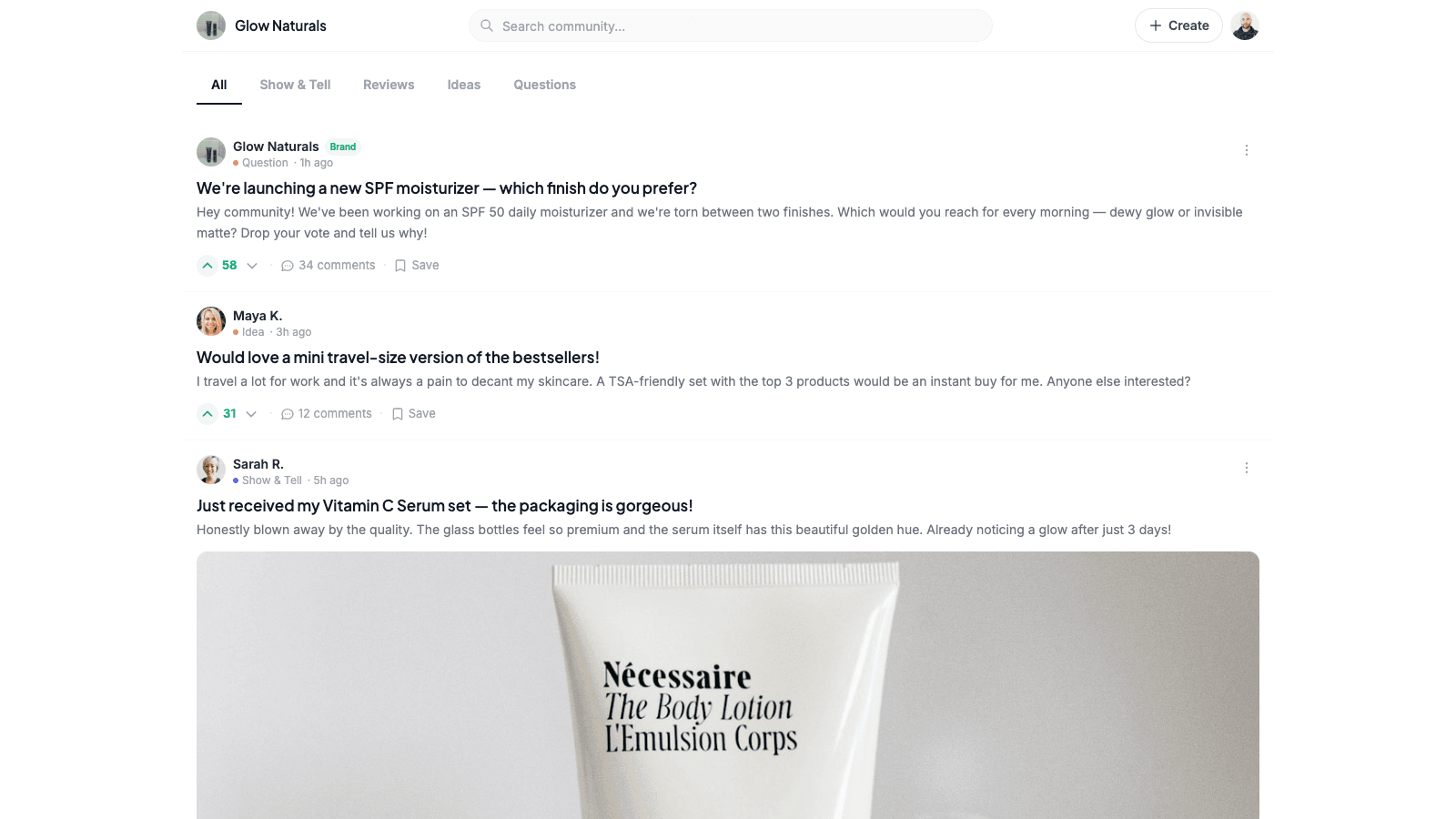Community feed with brand and customer posts