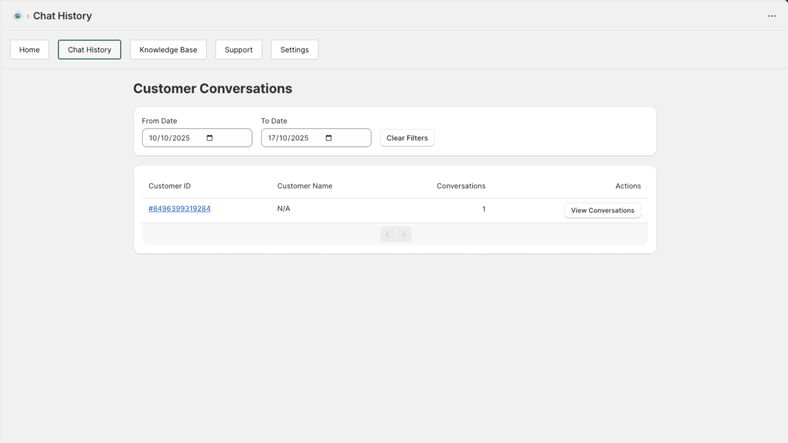 Chat history page showing recent customer conversations