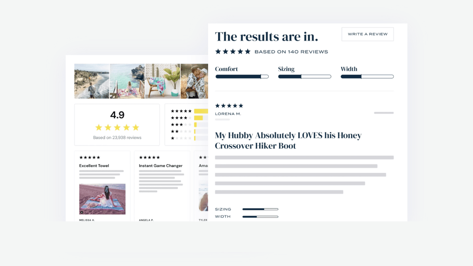 Product page with five star review and images