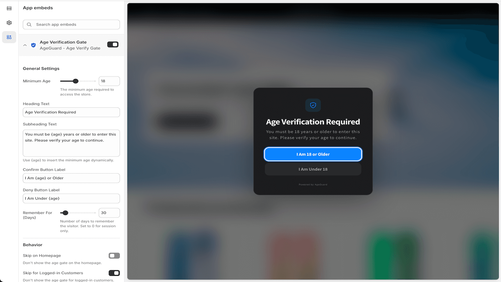 AgeGuard age verification gate with customizable settings