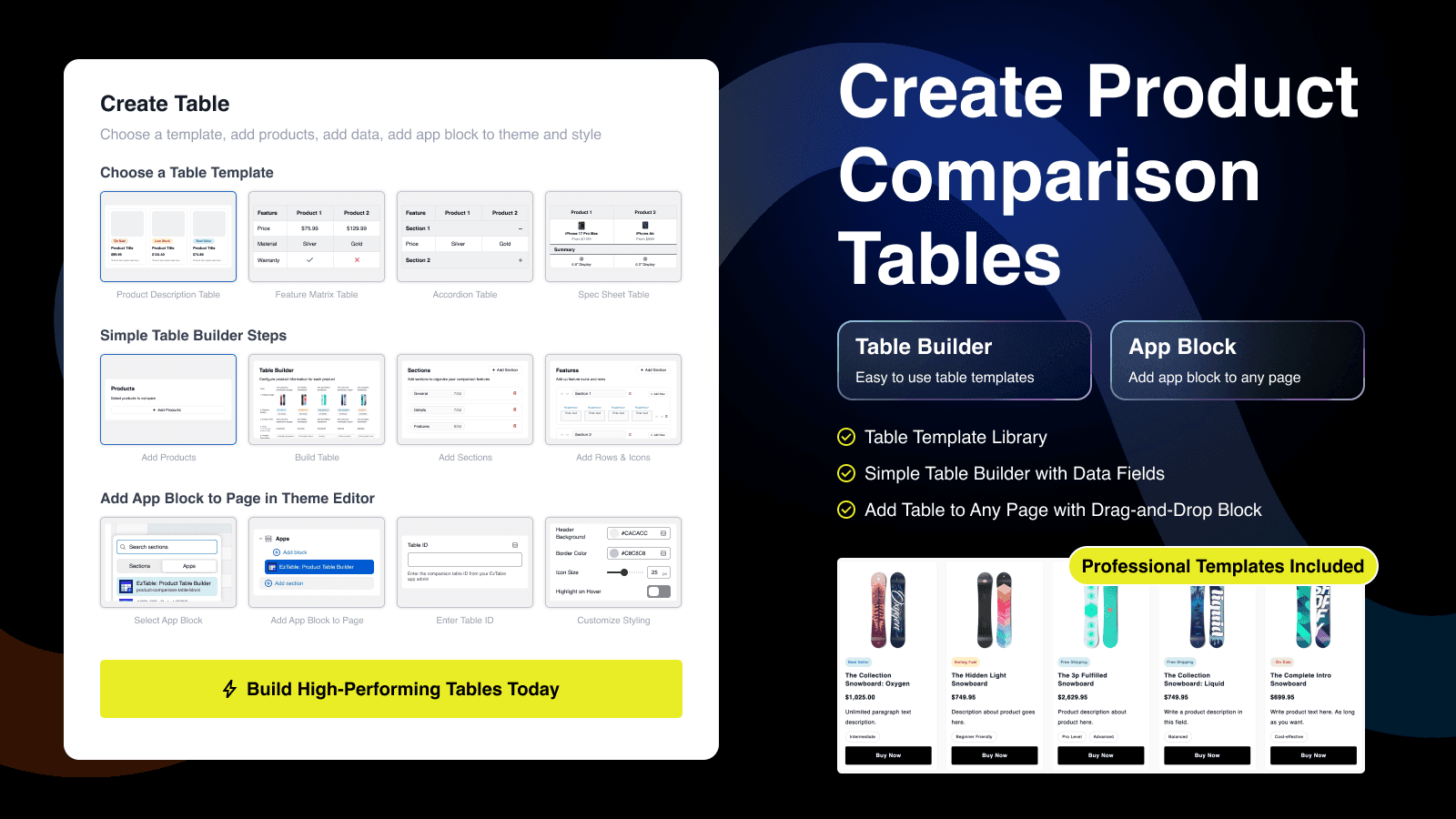 Create Product Comparison Tables app description and information