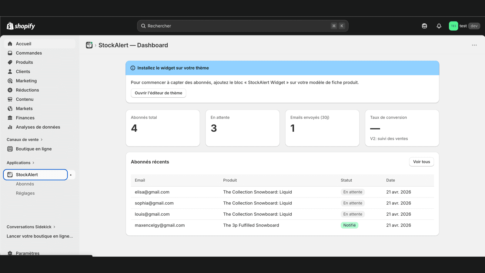 Dashboard StockAlert : KPIs abonnés et liste des inscrits récent