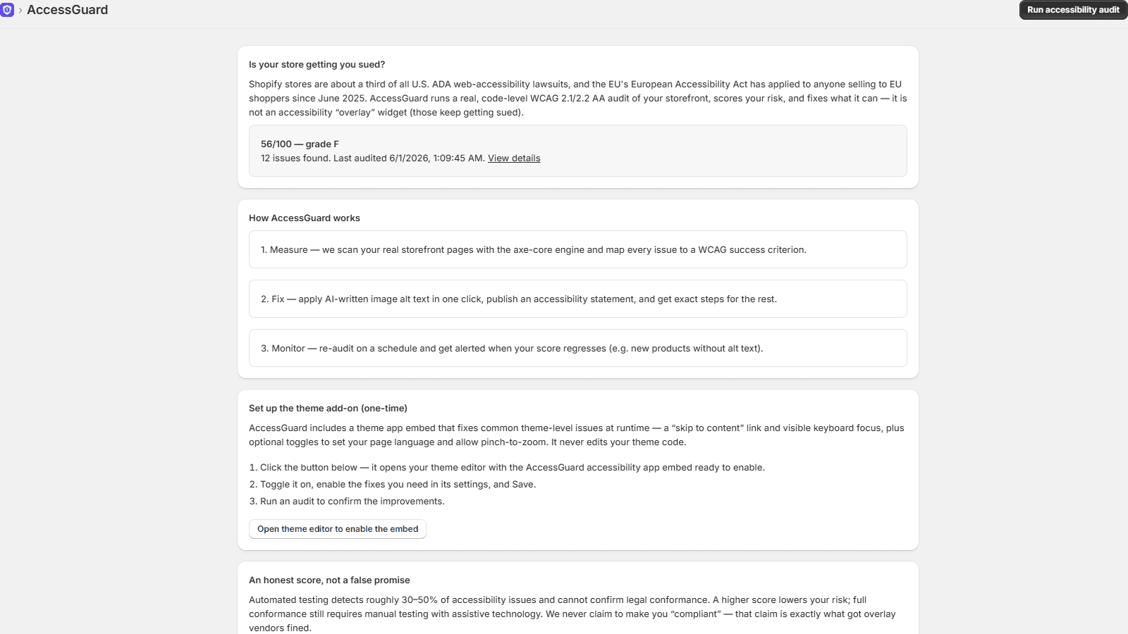AccessGuard home: 56/100 grade-F score, 12 issues found