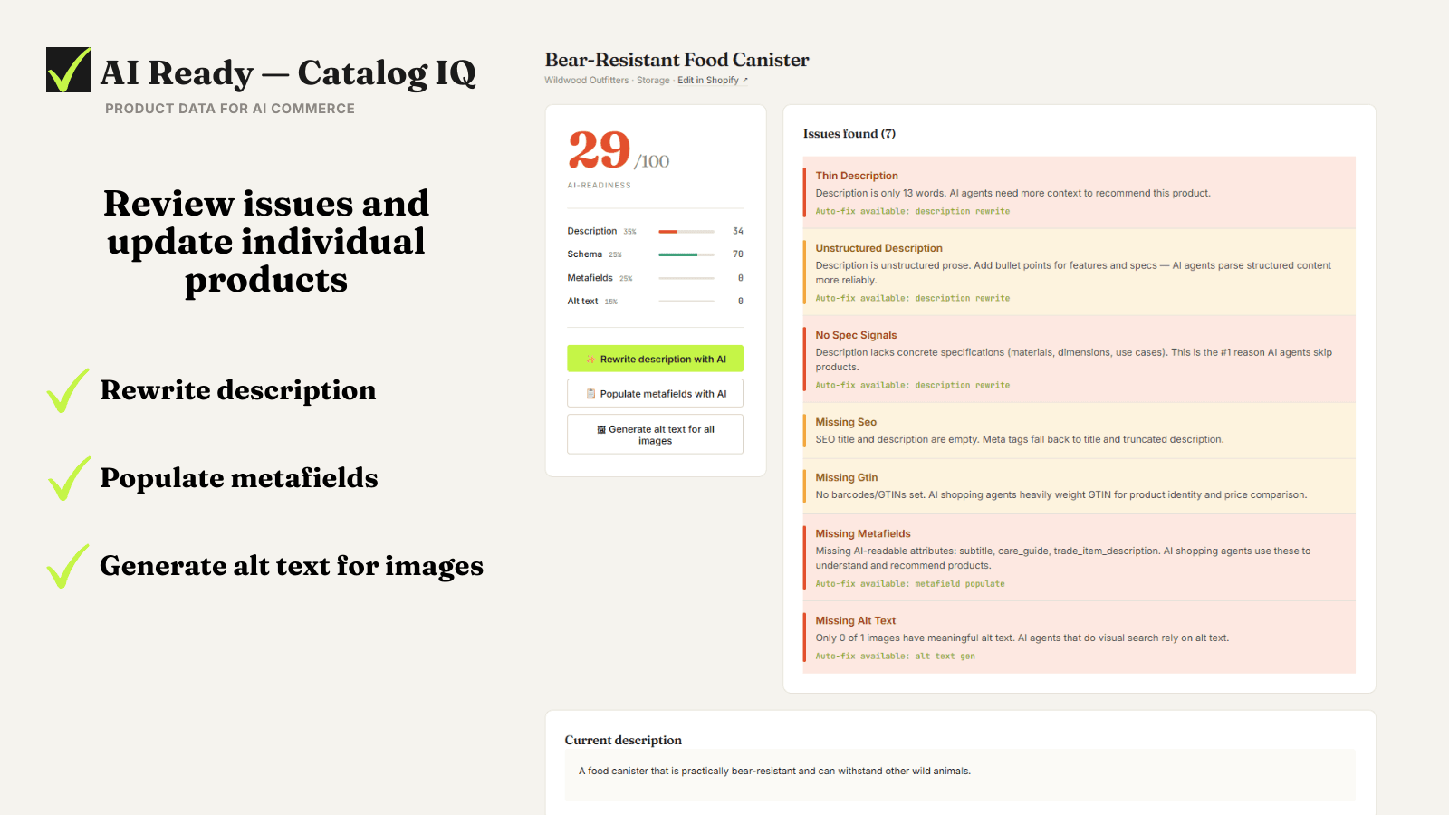 Product detail showing AI-readiness score and issues found