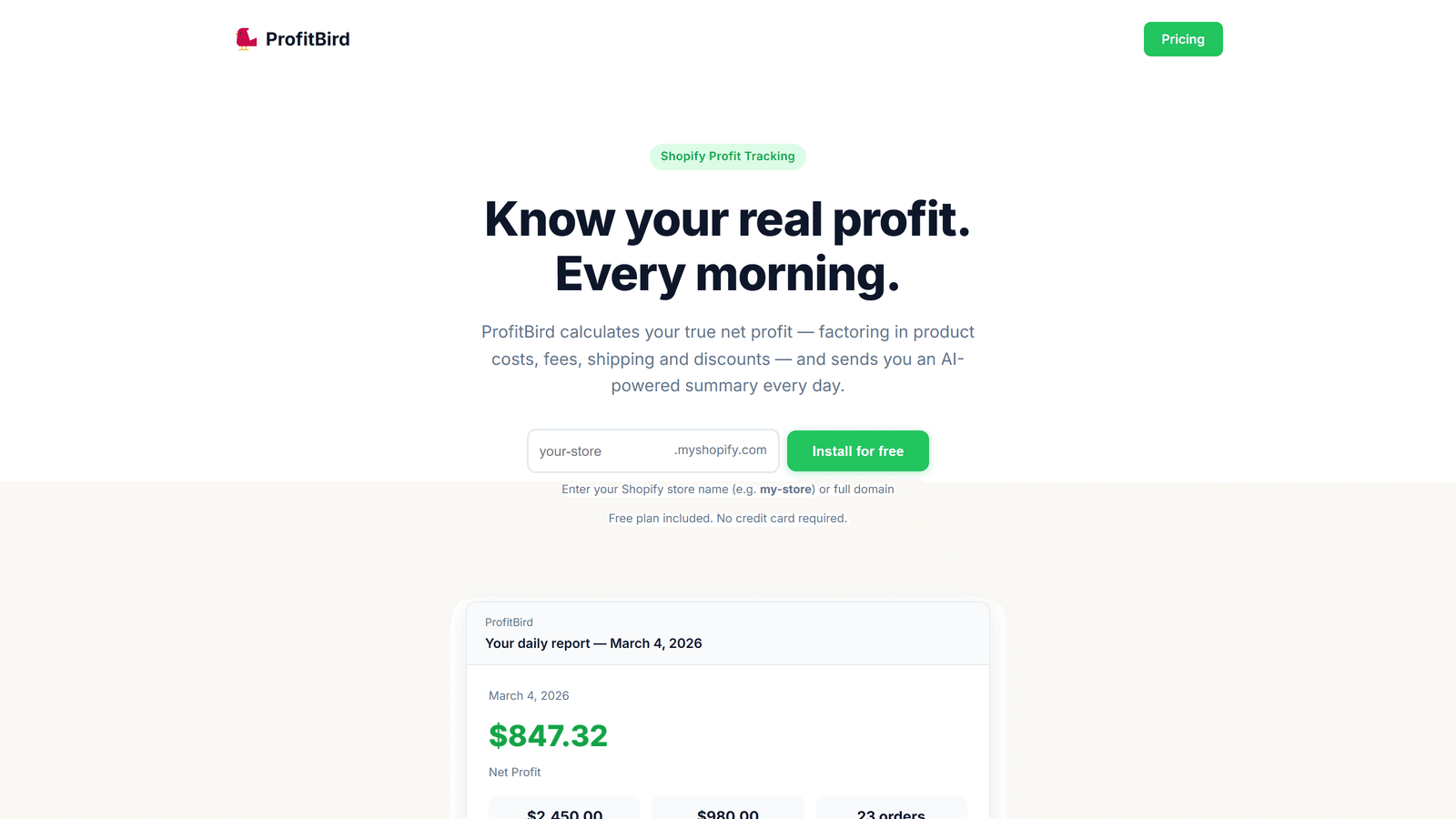 ProfitBird landing page showing daily profit email preview