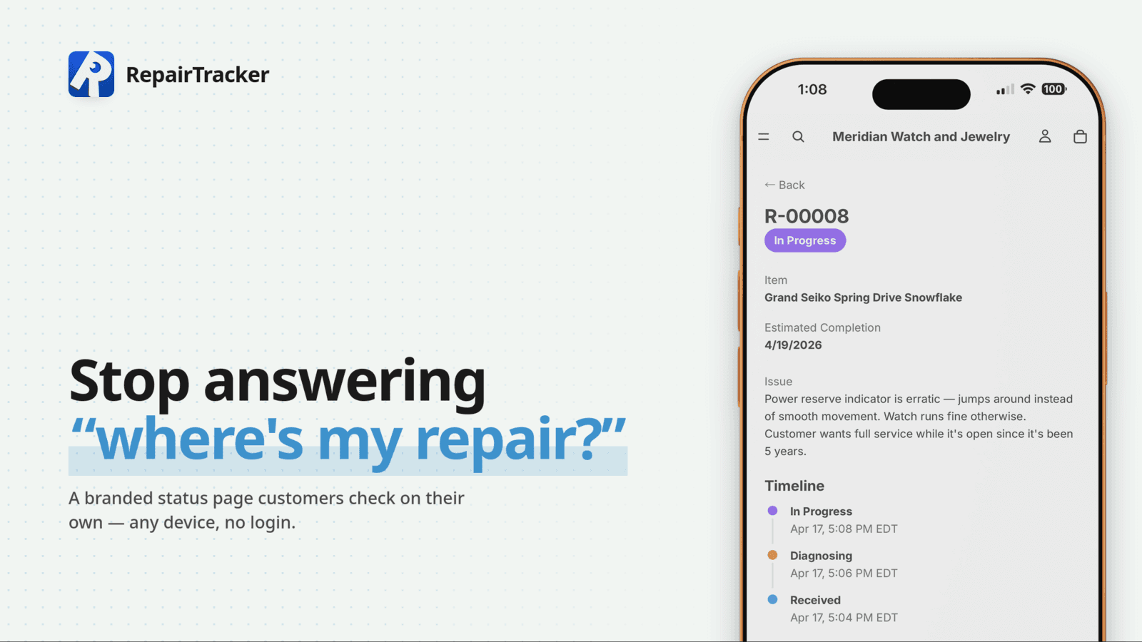 Customer repair status timeline on iPhone — no login