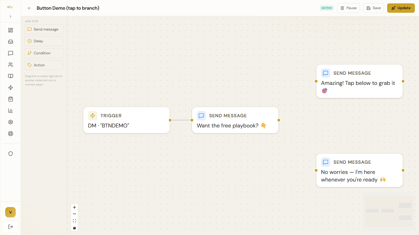 Perfect Setter flow builder with branching DM automation steps