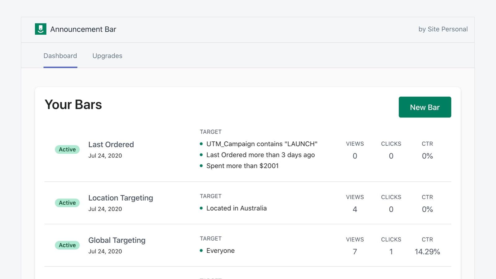 Announcement Bar Dashboard